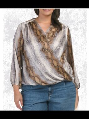 Catherine Malandrino Snake-Print V-Neck Long Sleeve Blouse 3X